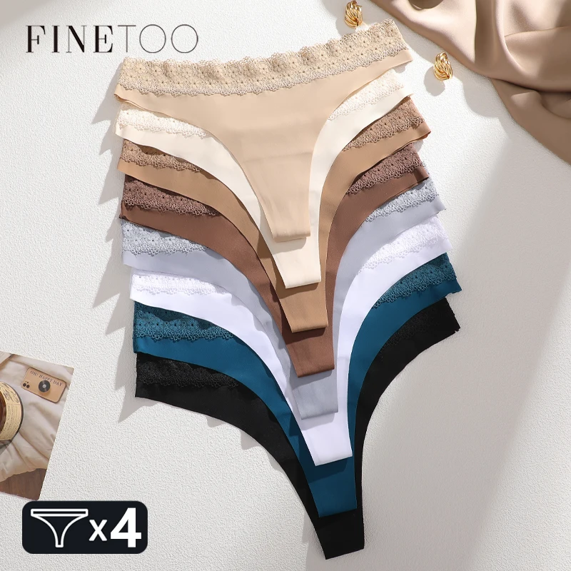 4Pcs Ultra-thin Lace Thongs Underwear Women's Seamless Solid Color Panties Sexy Stretchy Breathable G-String Soft Lingerie XS-XL