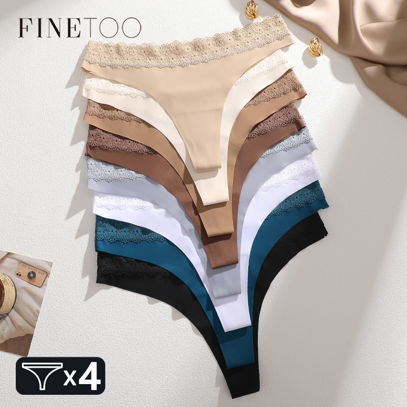  4Pcs Ultra-thin Lace Thongs Underwear Women's Seamless Solid Color Panties Sexy Stretchy Breathable G-String Soft Lingerie XS-XL 