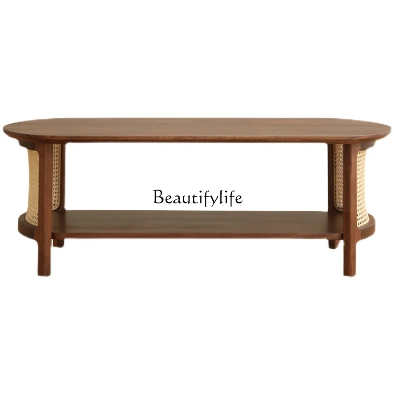 02 Solid wood Japanese Nordic cherry rattan living room household black walnut coffee table