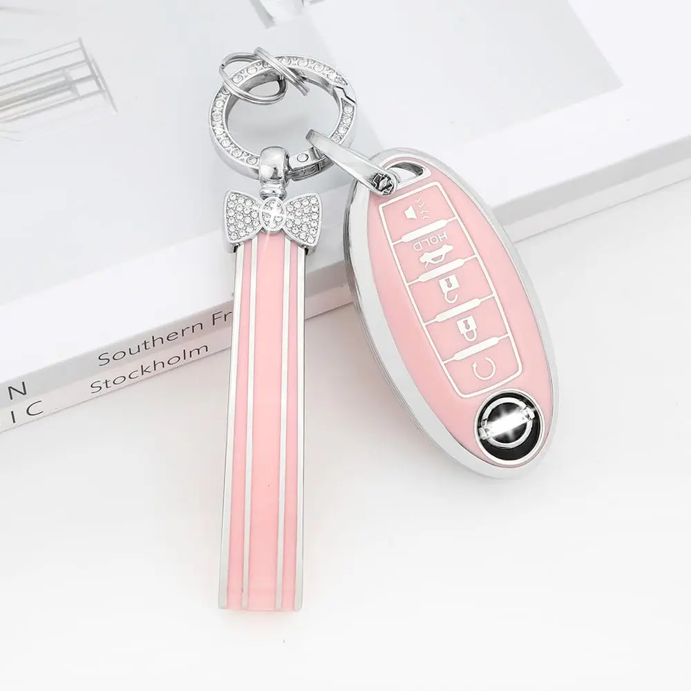 DIYSMART for Nissan Pink Key Fob Cover 5 Buttons Soft TPU Keys Shells Case Keychain for Altima Sentra Rogue Pathfinder Armada