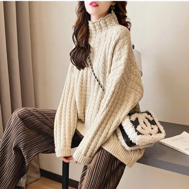 Women Autumn and Winter Fashion New High Neck Lazy Style Sweater Solid Thickened Loose Knit Pullover Casual Long Sleeved Tops