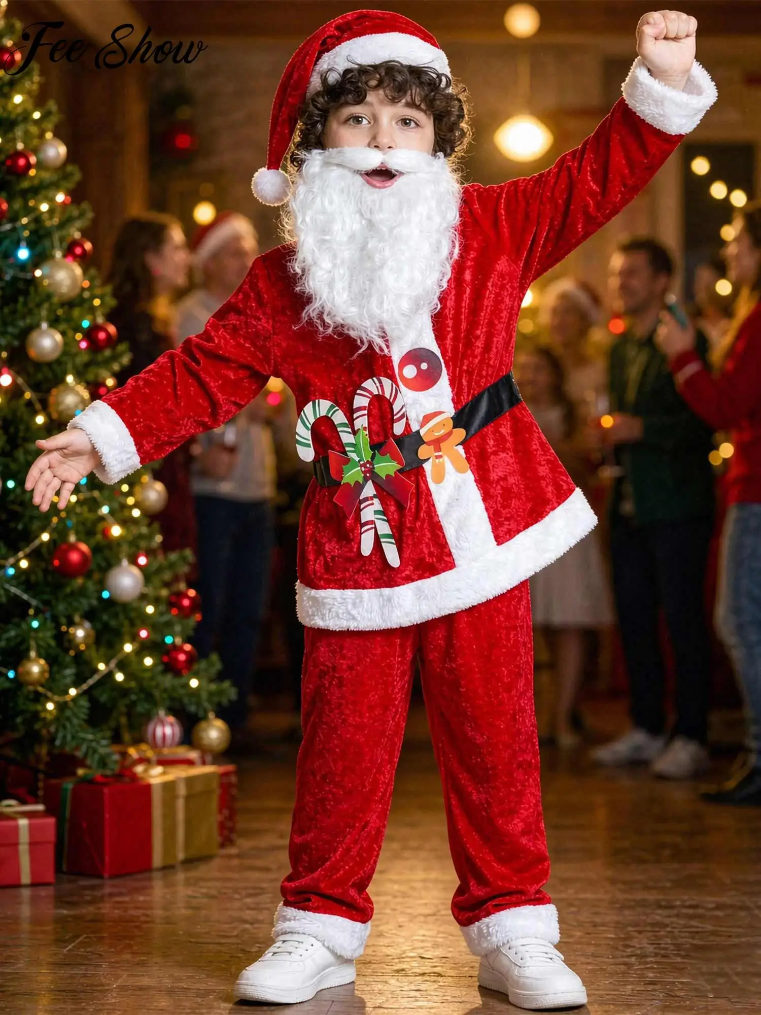 Kids Boys Santa Claus Dress-up Velvet Costume Set Long Sleeve Printed Top with Pants Hat And Beard for Christmas Festival Party