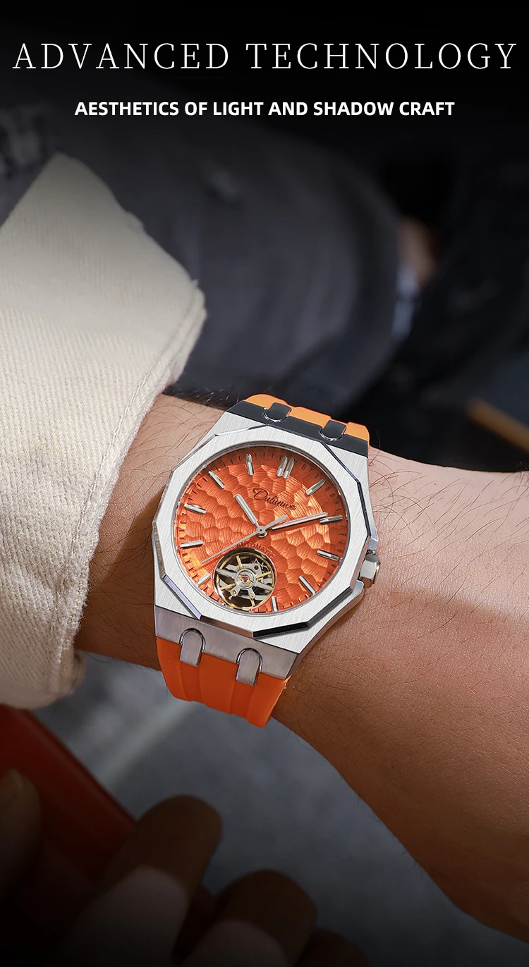 Automatische mechanische Herrenuhr mit orangefarbenem Zifferblatt, Skelett-Tourbillon, achteckige Armbanduhr aus Edelstahl, luxuriöse wasserdichte Uhr – Detail 8