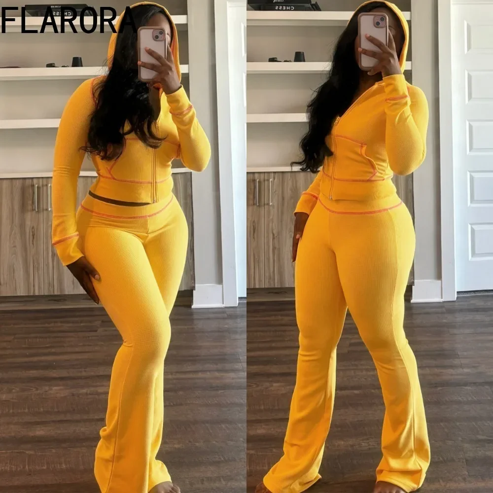 FLARORA Autumn Waffle Texture Striped Women's Two Piece Sets Casual Solid Long Sleeve Hoodies And Flared Pants Set Sweatsuits