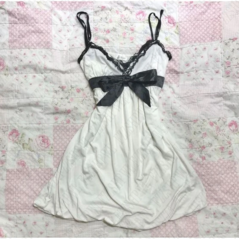 Y2K solid color Women's dress retro casual summer chic lace harajuku emo girl street hip hop punk sweet bow cute suspender dress