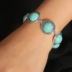 Antique Silver Color Vintage Ethnic Style Turquoise Bracelet Women Open Wide Wrap Bangle Bracelets Boho Luxury Woman Accessories