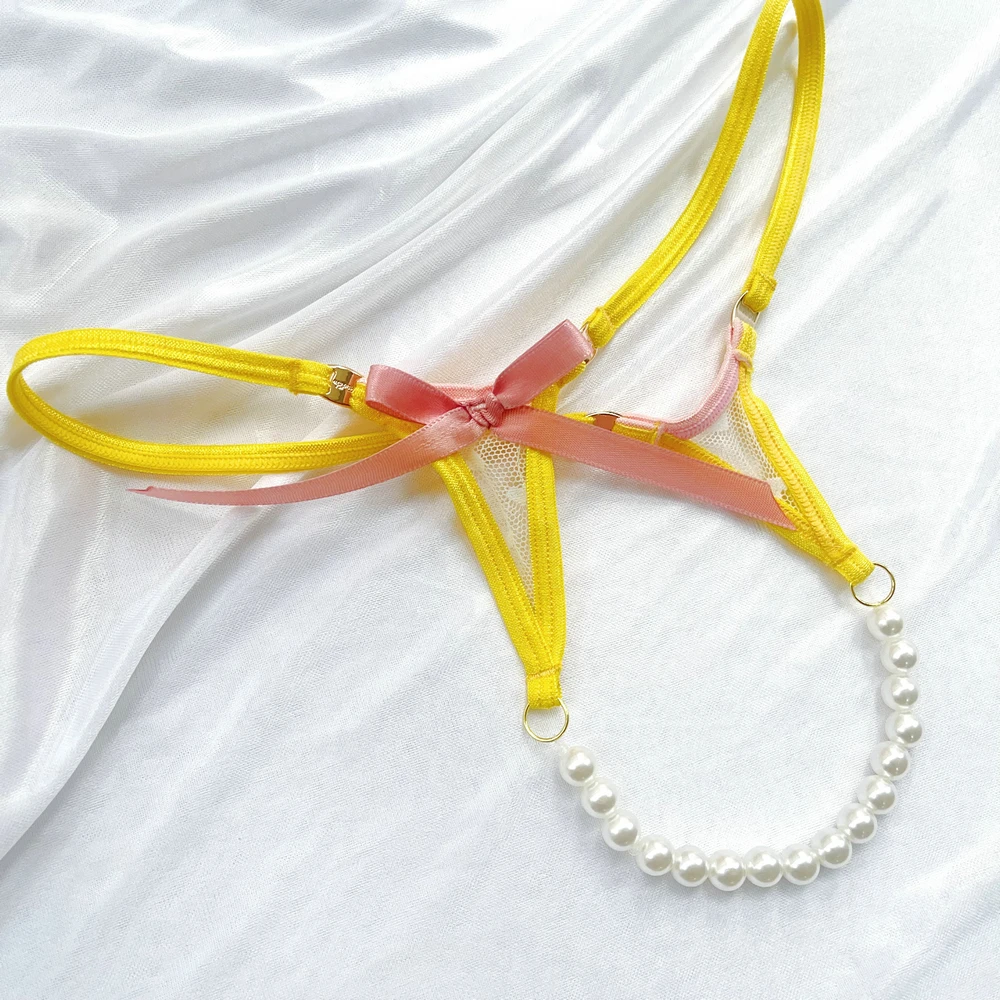 ملابس داخلية مثيرة أصفر صغير Gstring الدانتيل Tback مزدوجة مثلث القوس Peals سيدة سراويل للنساء مايكرو ثونغ تدليك كليكر ثونغ