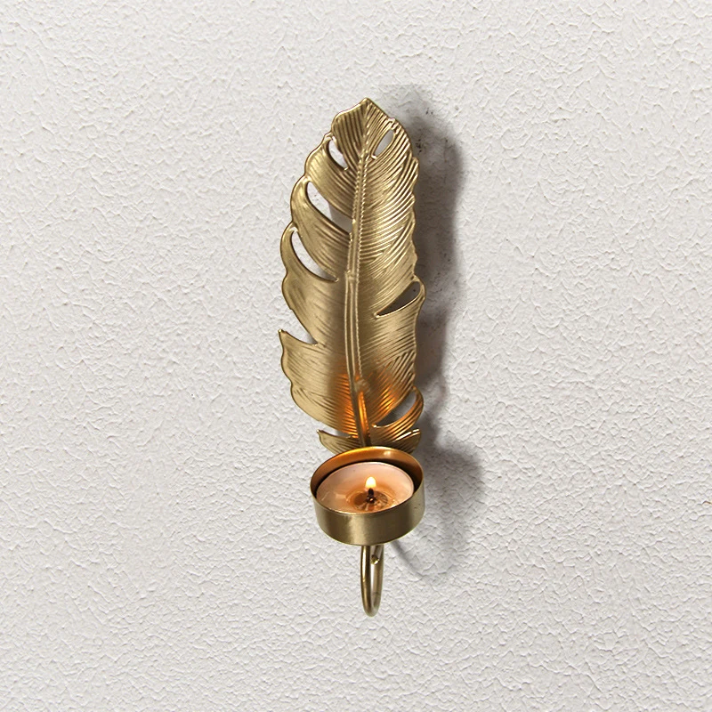 Vintage Golden  Wall Candle Holder Set, Ginkgo & Feather Metal Sconce,  Mounted Tealight Holder for Home Decor, Wedding Party