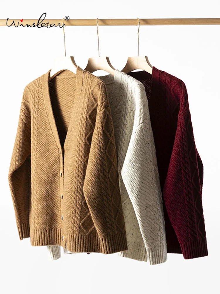 

Winsleter-100%Sheep Wool Elegant Sweater, V Neck Long Sleeve Solid, Women Fashion Versatile Thick Cardigan, 2025 Autumn T59270CC