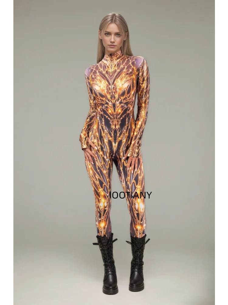 Luxuriöser Goldener Spiralblumen-Galaxie-Print Mesh-Bodysuit für Damen Sexy Cosplay Catsuit Rave Club Nachtclub Festival Mode-Jumpsuit – Detail 11