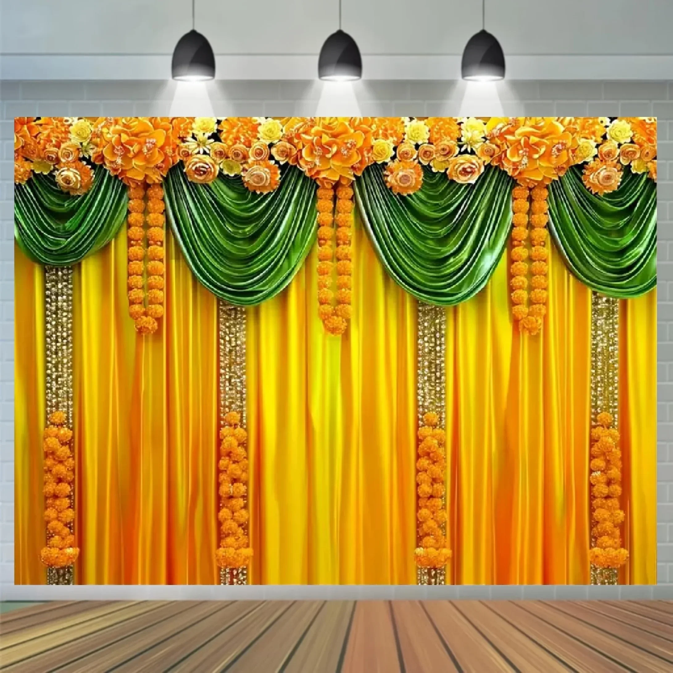 1 Traditional Indian Calendula and chrysanthemum backdrop yellow-green curtain design for Hindu weddings, parties and Diwali