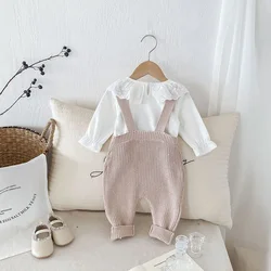 2024 Baby Rompers New Autumn Infant Girls Overalls Solid Color Pocket Shoulder Strap Pants Toddler Cotton Knitted Jumpsuit 0-3T