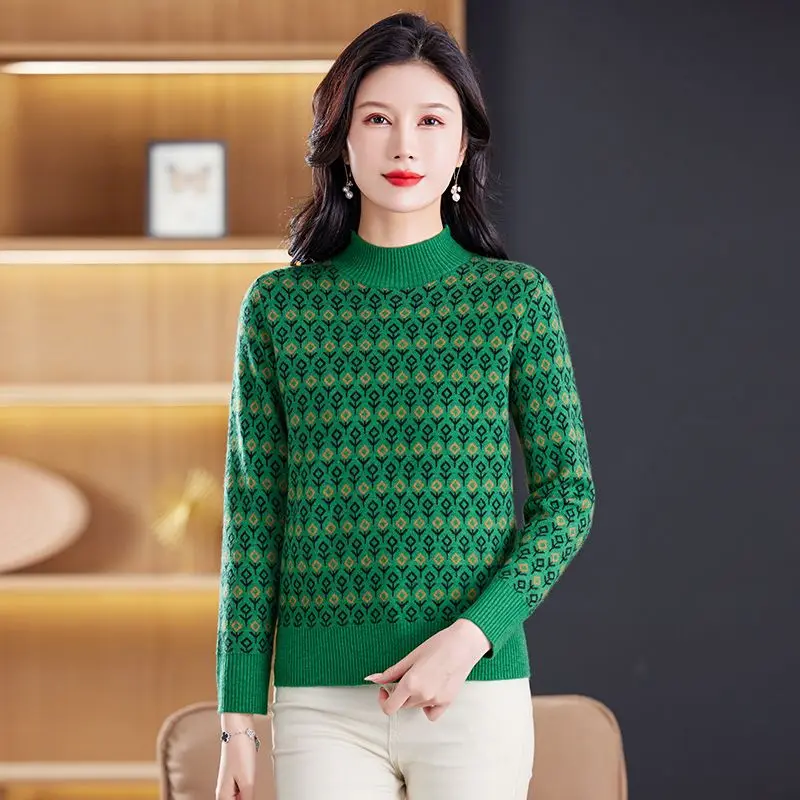 Women\'s Half High Collar Woollen Sweater Autumn Winter Thick Jacquard Loose Knit Pullovers Simple Casual Fashion Knitwear