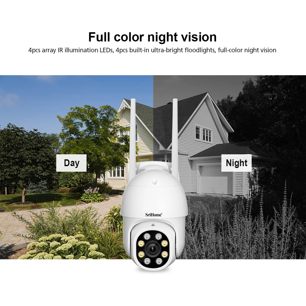 SriHome-Caméra de surveillance extérieure IP WiFi HD 2MP (éventuelles 028), dispositif de sécurité sans fil, étanche IP66, avec IA, détection du corps humain et vision nocturne, babyphone vidéo