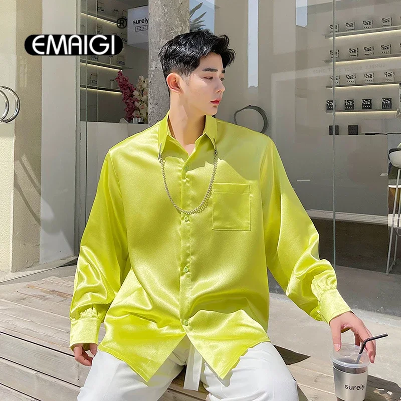 

Men's Necklace Loose Casual Long Sleeve Bright Surface Streetwear Fashion Hip Hop Dress Shirts Blouses Performance Costume