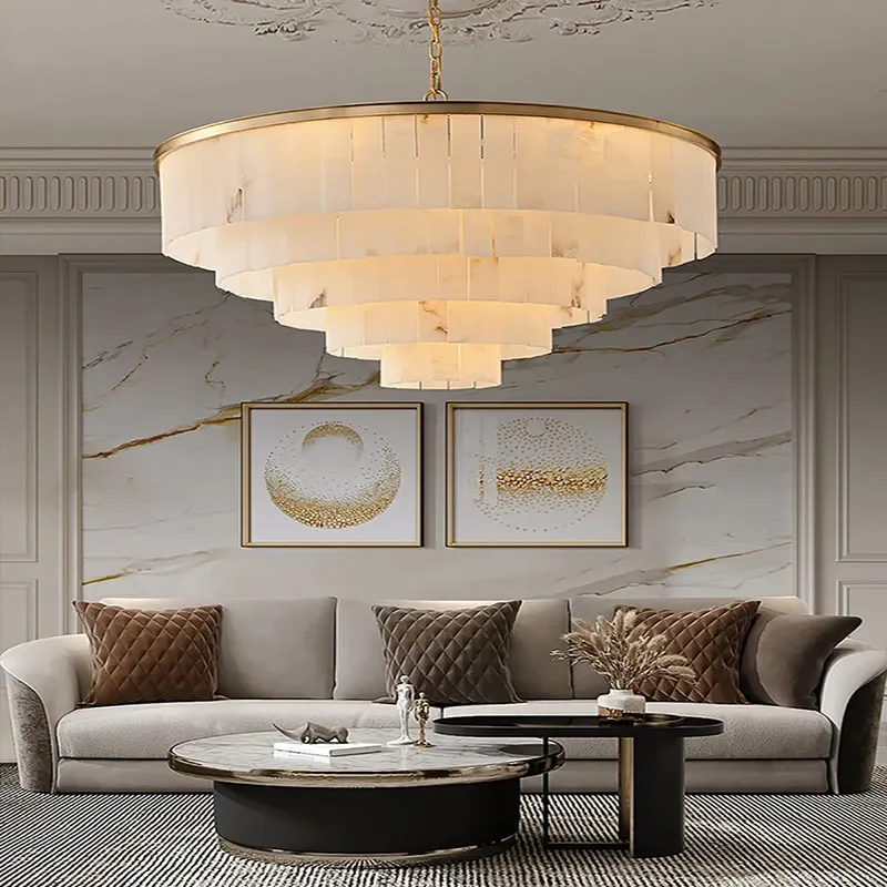 Modern Chandelier For Living Room Natural Marble Luxury Home Decor Lustre Pendant Lamp Villa Duplex Stairs Hanging Light Fixture