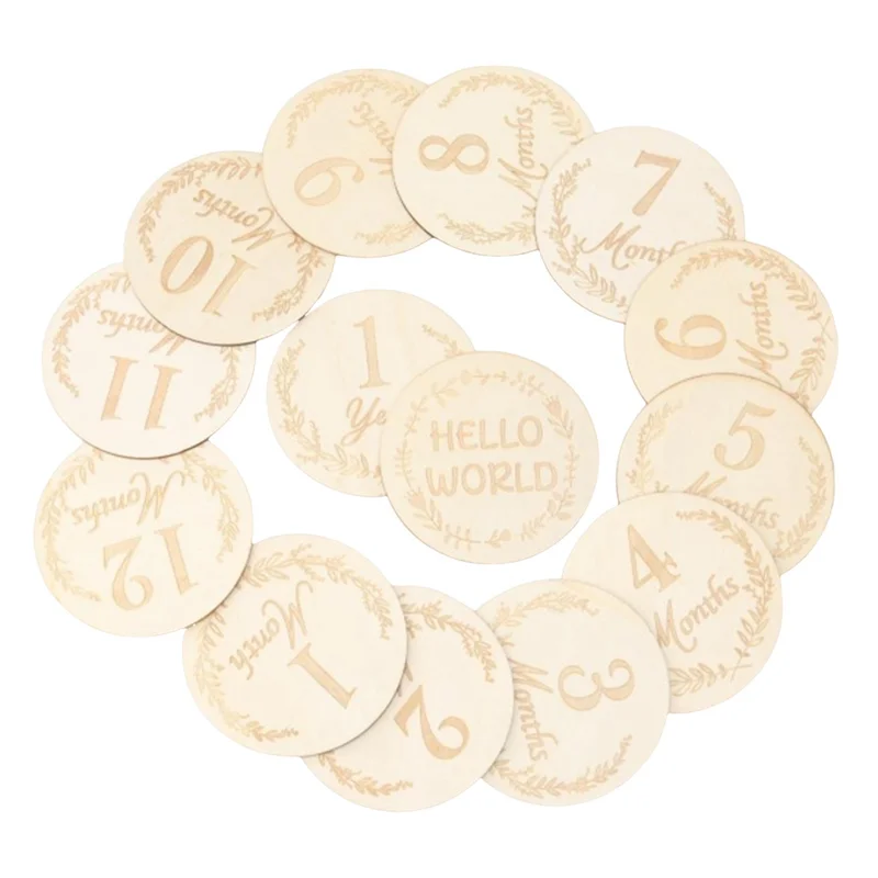 Tarjetas y discos de hitos de madera, juego de 14 piezas para fotos de bebés y hitos del primer año, número duradero, fácil de instalar