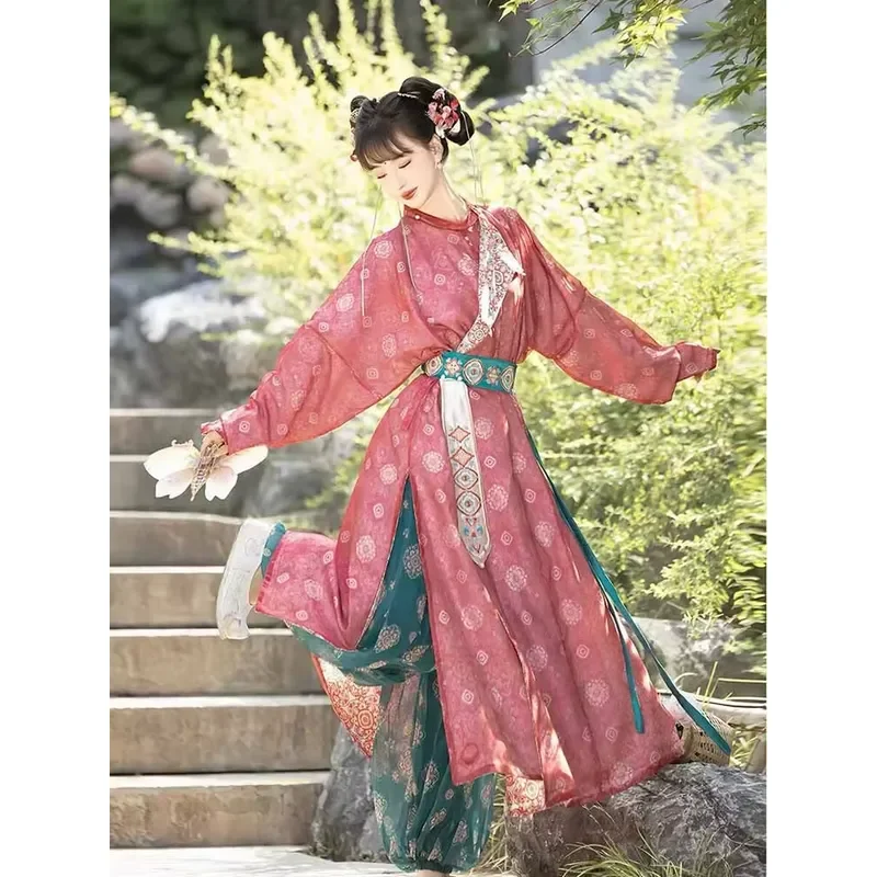 Women Hanfu Tang Dynasty Round Collar Red Green Robe Ancient Costume Cosplay Summer Daily Wear Traditional Chinese Dress