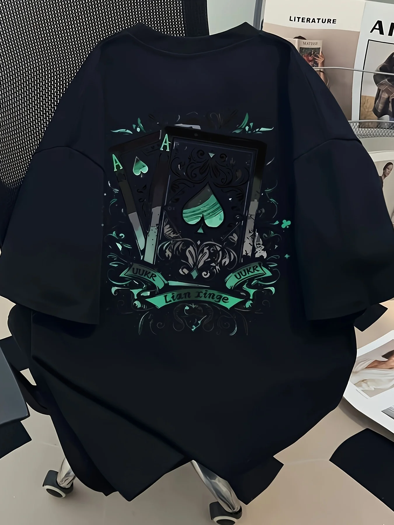 

Men's Streetwear T-Shirt - Black with Turquoise Playing Card Print Poker-Themed Statement Tee T Shirt for MenTshirt for Men Tee