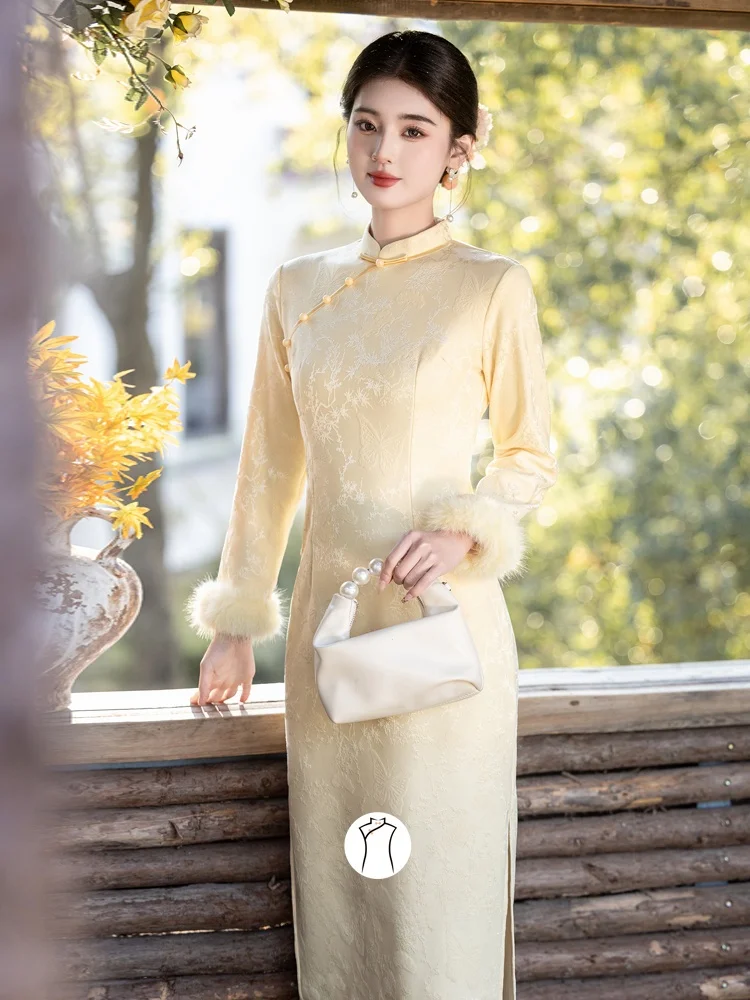 

Желтое бархатное длинное платье-ципао Dr Young Sle Fce с подкладкой, теплое, для повседневной носки, для молодых девушек, китайское длинное платье-свитер