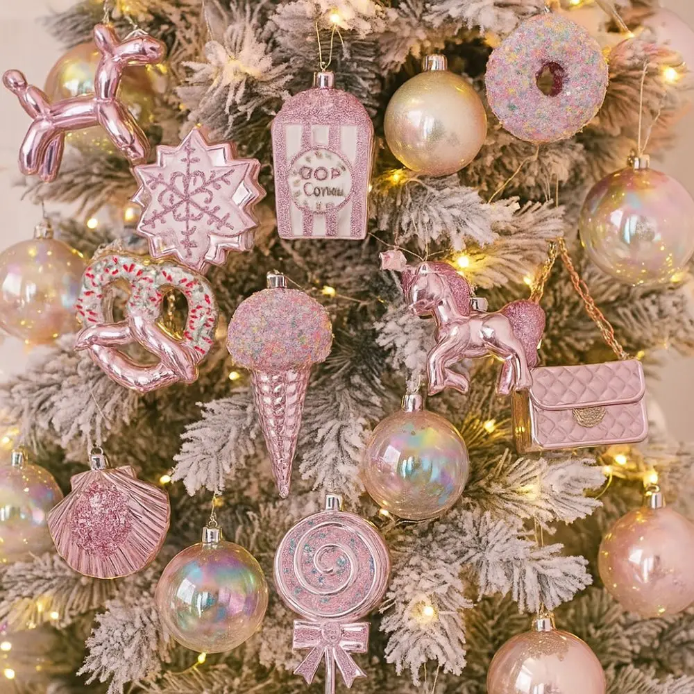 

Cartoon Christmas Ice Cream Pendant Shiny Pink Plastic Christmas Tree Ornaments 3D Shatterproof Xmas Snowflake Pendant