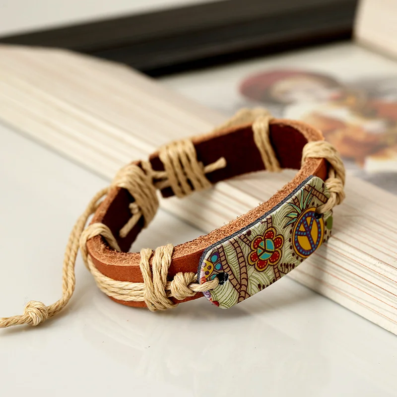 2023 Fashion Bracelets for Women Hippie Retro Leather Adjustable Bracelet HandMade Jewelry for Women Flower Print Rope Gifts