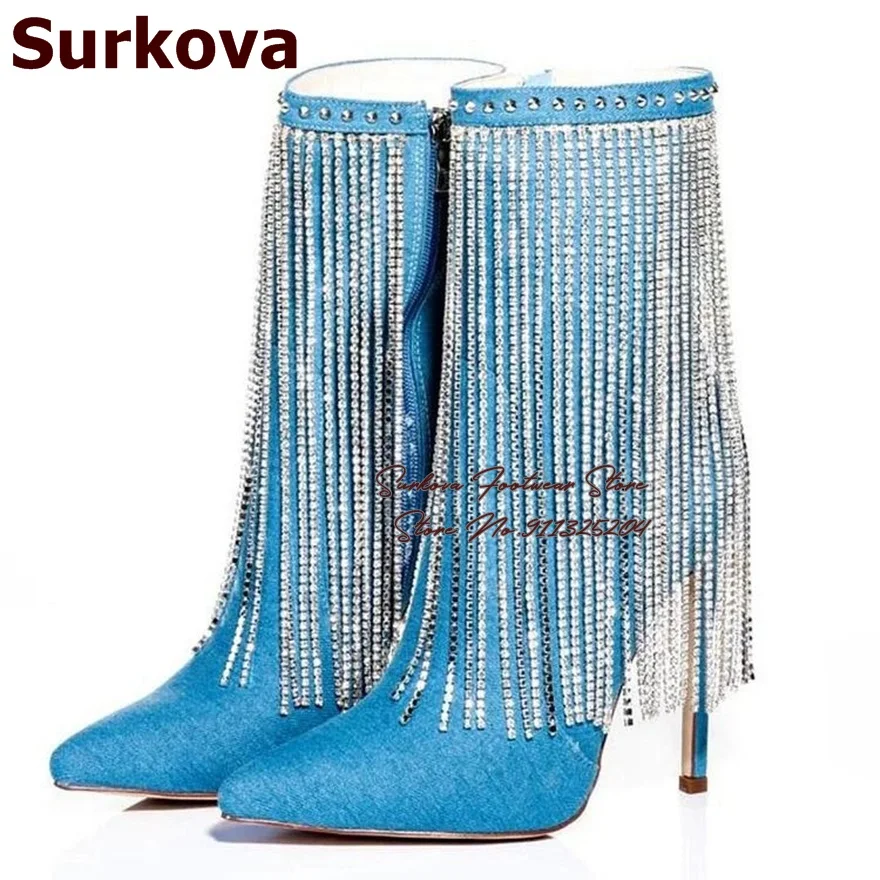 

Surkova Blue Denim Silver Crystal Chain Ankle Boots Bling Bling Rhinestone Fringe Short Boots Stilettos Pointy Toe Jeans Shoes