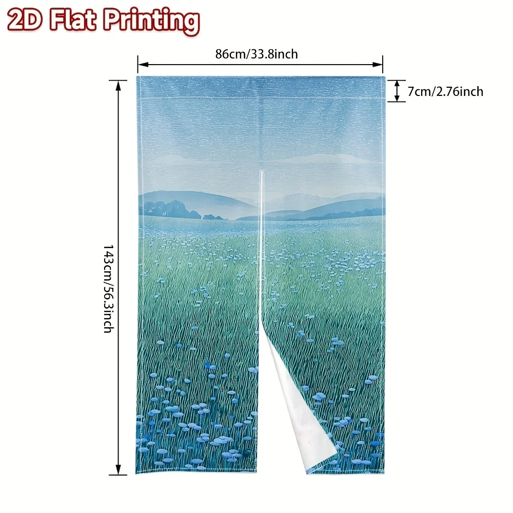 Blue Blossom Field Noren Curtain – Serene Meadow with Purple Flowers, Soft Sky Background, for Bedroom or Living Room Decor