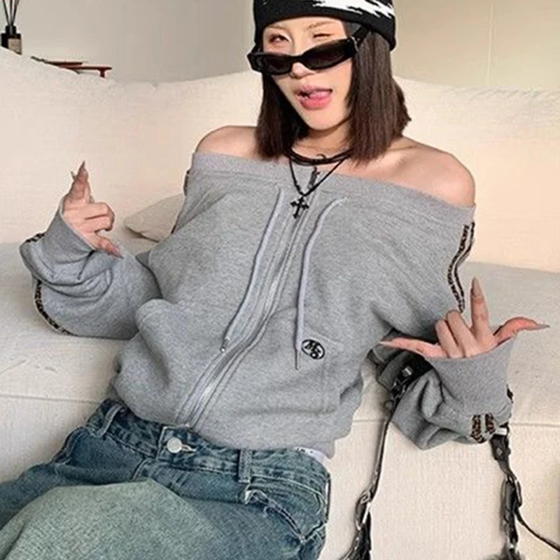 مثير قبالة الكتف الشارع الشهير البلوز المرأة البريدي الجانب شريط معطف أمريكي الخريف الجاز الرقص الهيب هوب عادية كسول