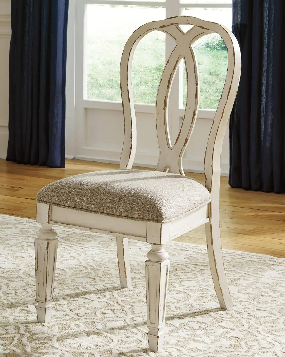 French Country Style Dining Chair with Polyester Foam Cushioned Seat, Ribbon Back Solid Wood, Set of 2, Chipped White