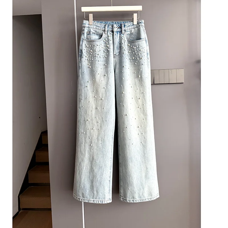 Beaded and drilled designer jeans temperament thin straight jeans women's pants regular waist