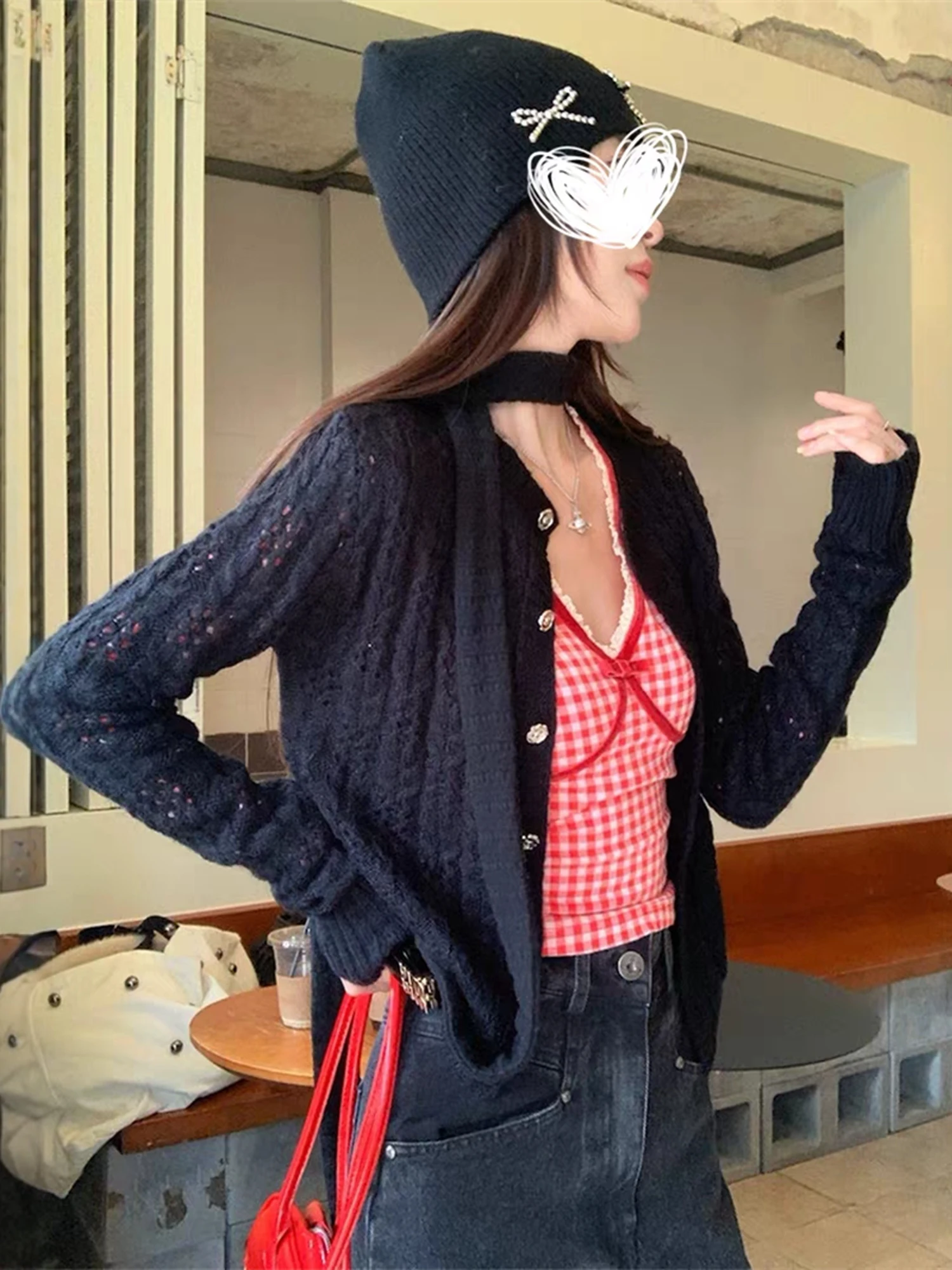 White Hollow out Knitted Sweater Women's Fashion Single Button Cardigan Top Design Sense Spring Autumn New Style Korean Strai...
