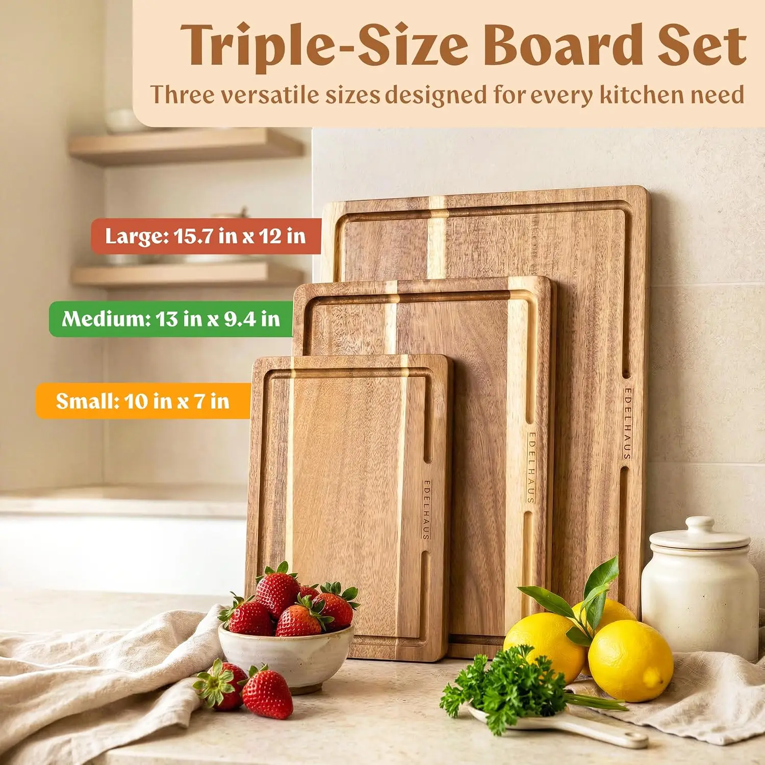 Wood Cutting Board Set Of 3, Double-Sided Serving Boards | Double-sided Chopping Boards: Cut One Side, Serve On