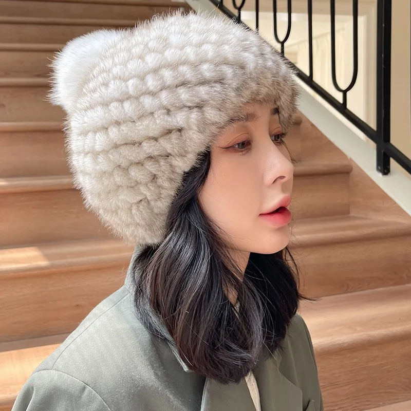 

Women Fur Hat Winter Mink Fur Knitted Hat With Fox Fur Ball Warm