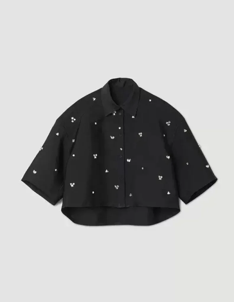 2024 New Women's handmade diamond suit, black artificial diamond loose shirt, casual pants, suit