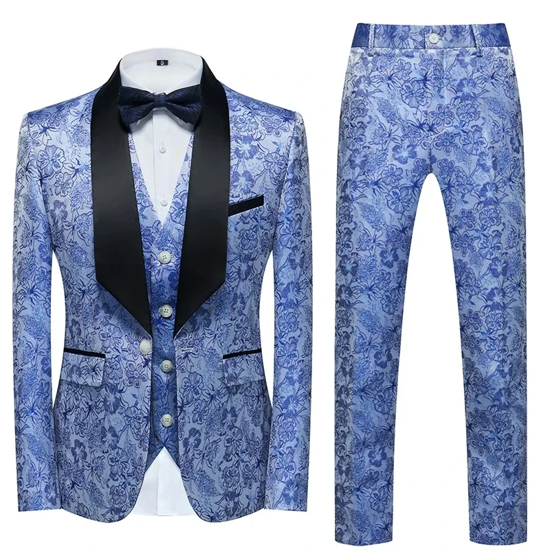 (Jacket+Pants+Vest) Men's Casual Suits Boutique Business Wedding Host Flower Color Suits 3 Pcs Set Dress Blazers Fashion Tuxedo