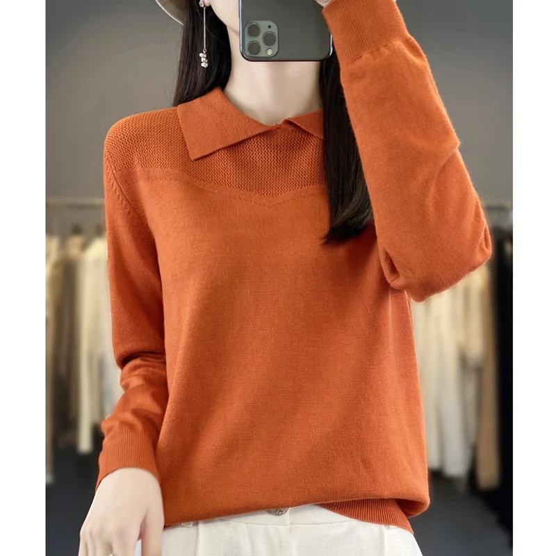 Women 100% Cotton Knit Sweater Doll Collar Solid Pullover Early Autumn Bottoming Sweater Comfortable Breathable Tops Clothes