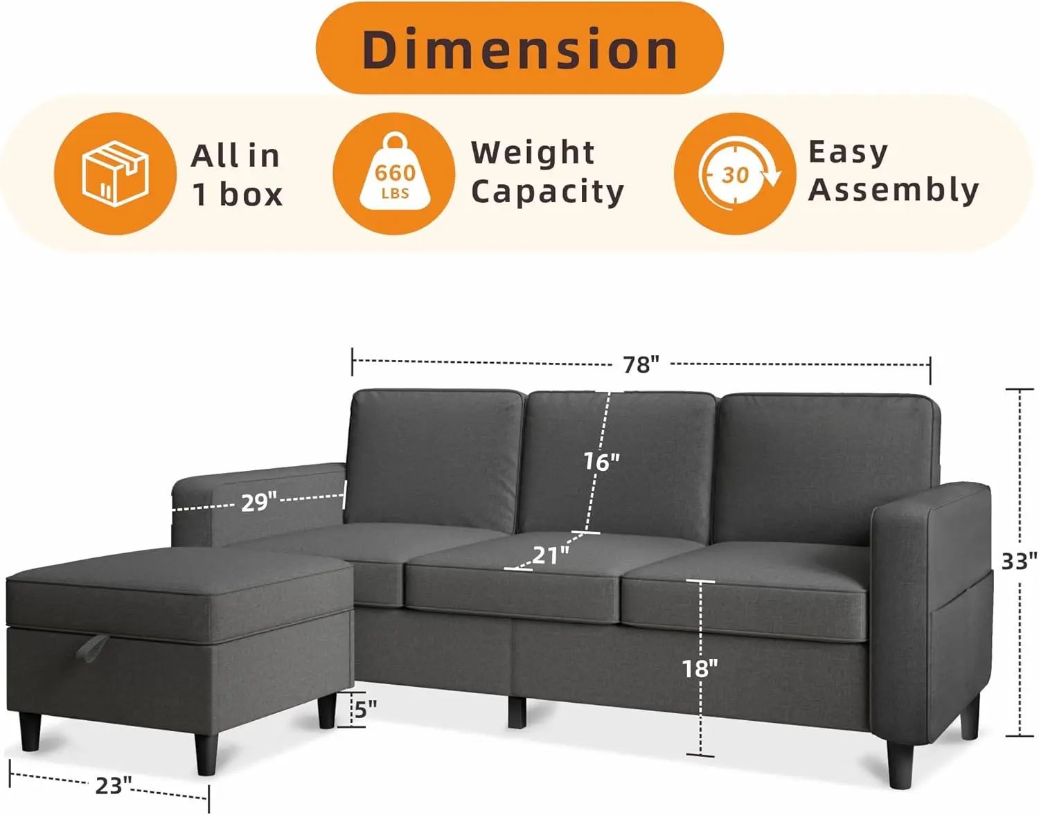 Sofa Couches for Living Room - 78'' Dark Grey 3 Seat L-Shaped Couch with Storage Ottoman, Modern Linen Convertible Sec