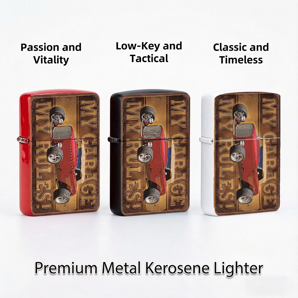Vintage Hot Rod Car My Garage My Rules Flip Top Lighter, Retro Metal Sign Decorative Pattern For Collection Daily Use
