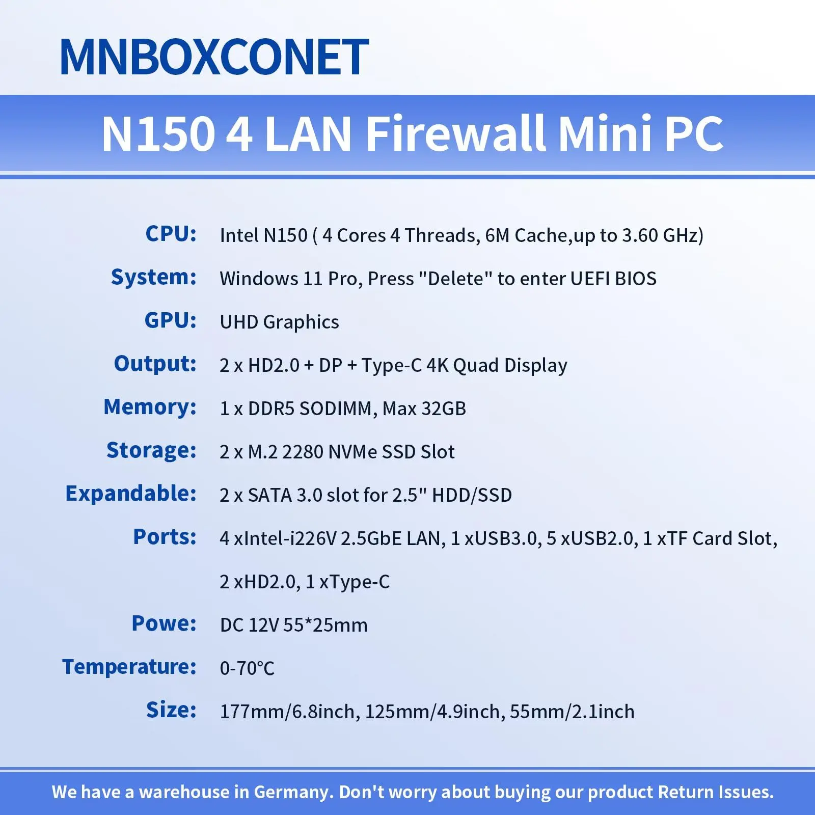 MNBOXCONET Mini PC N150 Firewall Fanless, DDR5 8GB RAM 128GB SSD Micro Desktop Computer 4 x 2.5GbE i226V LAN,