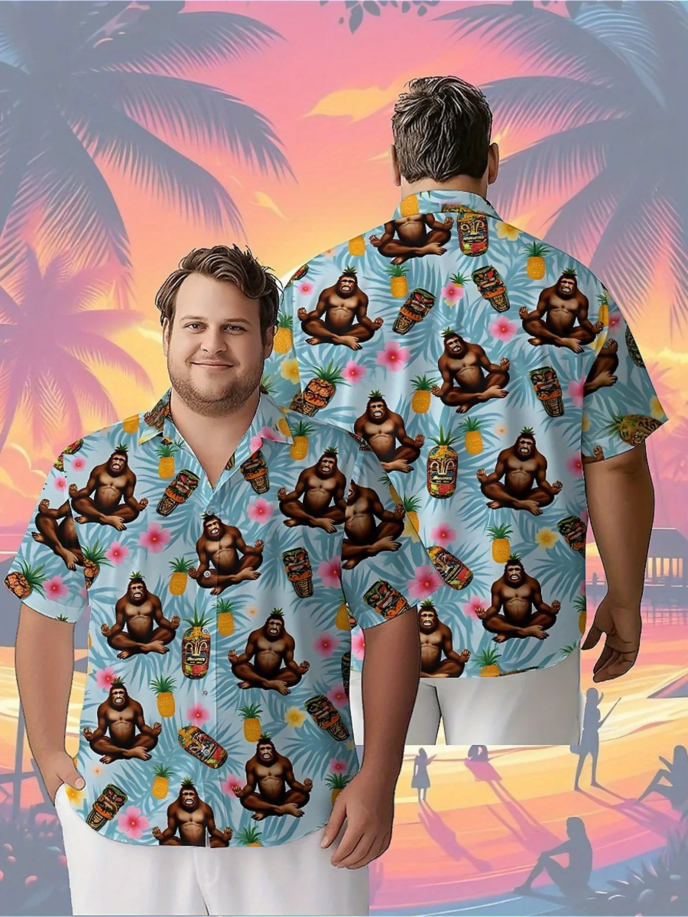 

Men's Plus Size Hawaiian Shirts Sasquatch Yoga pattern,Unisex Baggy Aloha Shirts,summer Alternative Clothing