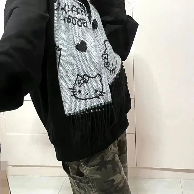 Kawaii Sanrio Anime Hello Kitty New Autumn and Winter Warm Cartoon Cute Girly Heart Knitted Scarf Christmas Girly Heart Gift