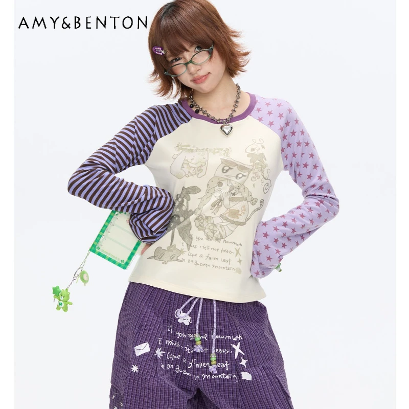 

Осенний новый женский топ в полоску с фиолетовой звездой и звездами в горошек, японский дизайн, милая женская футболка с круглым вырезом и длинными рукавами с принтом