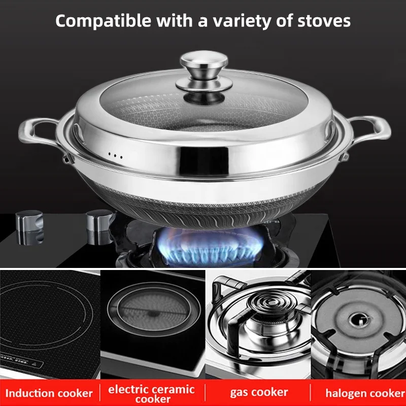 High Capacity Kitchen 304 Stainless Steel Wok Kitchen Honeycomb Non-Stick Wok