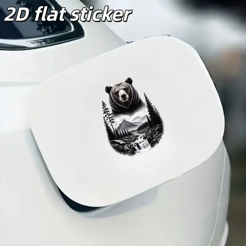 1Pc 2D Flat Black & White Bear Mountain Landscape Vinyl Sticker, Waterproof Durable Decal for Car Window & Smooth Surfaces
