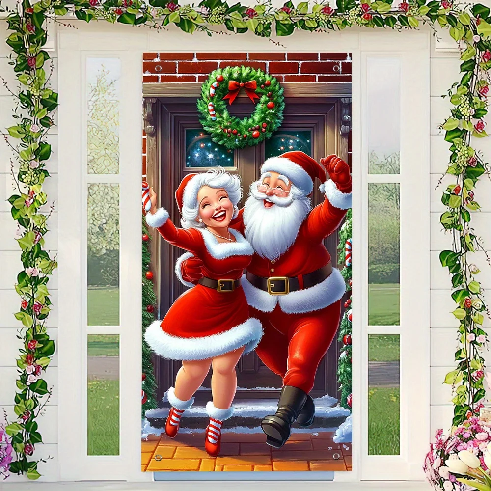 2D-Flugzeug, 2D-Vorhang, 1-Vorhang des Weihnachtsmanns und seiner Frau tanzen – Weihnachtsdekoration mit Schneeszenefenster