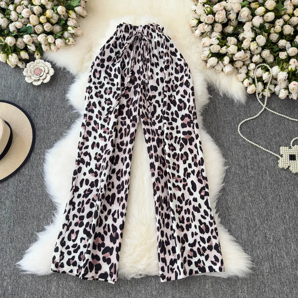 

2025 Spring Summer Thin Long Pant Women's American Casual All-Matched Leopard High Waist Straight Wide Leg Full Pants