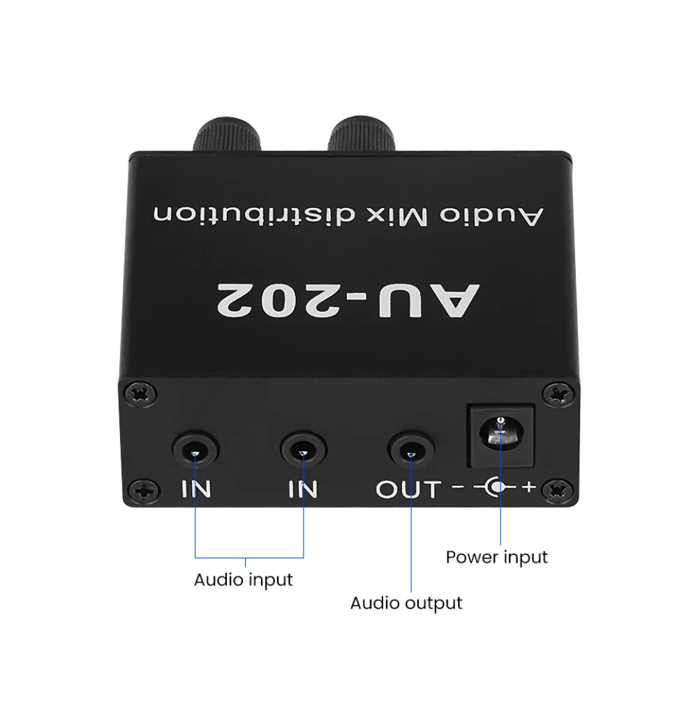 AU-202 2 input 2 output Stereo Mixer Audio Distributor For Headphone External Power AMP Volume independent control DC 5V-19V