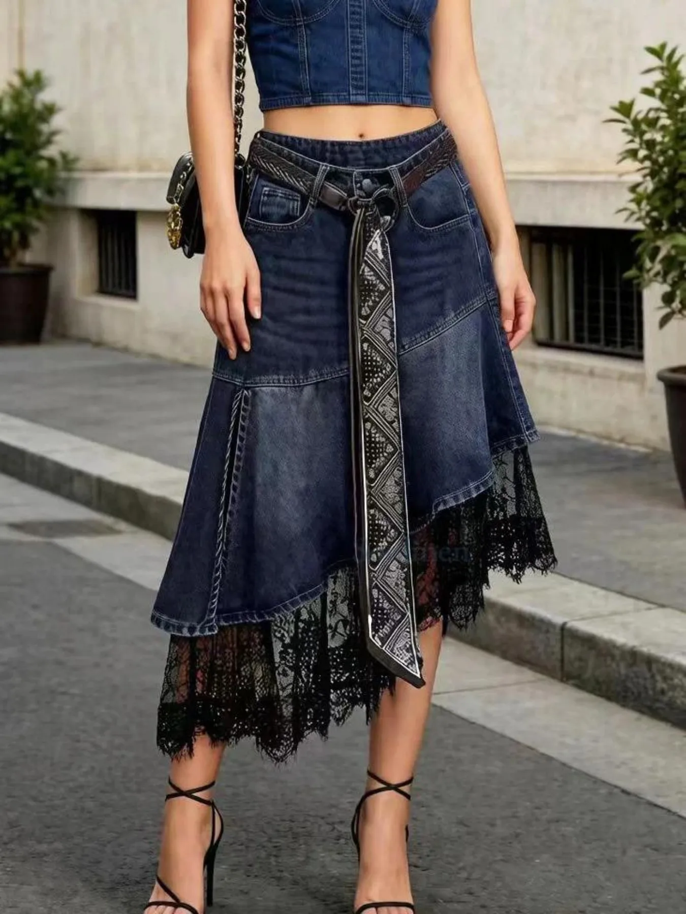 Dark Wash Lace Spliced Irregular High Waist Denim Midi Skirt With Printed Sash Belt Mermaid Skirt
