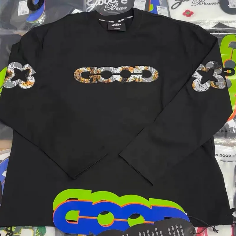 Fire Lace Small Flower Sticker Hollow Letter Logo Men Women Round Neck Long Sleeve GOODBRAND Tshirts Black White Streetwear
